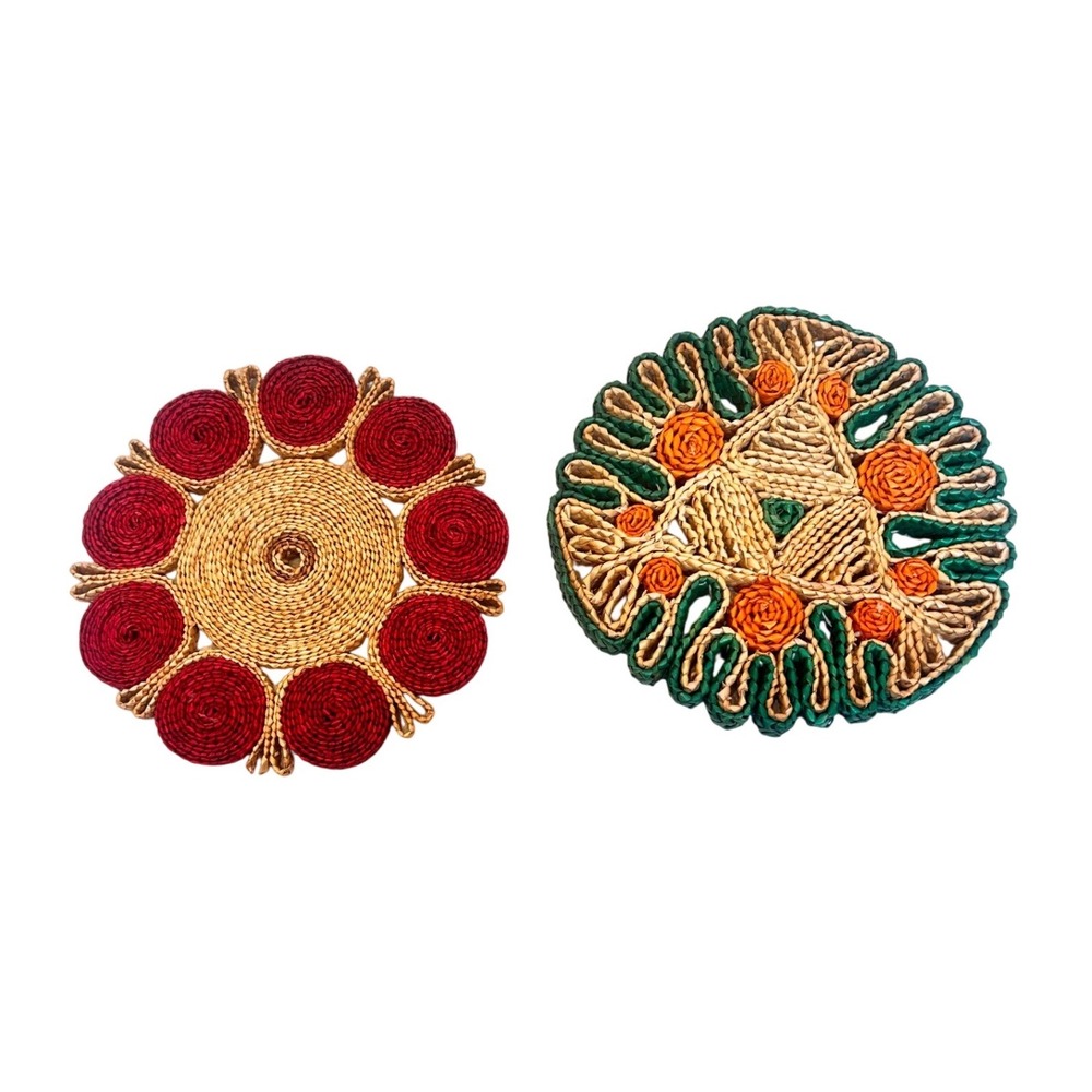 Vintage Boho Wicker Trivets Set of 2 Red Green Orange Woven Straw Hot Pads 7.5in